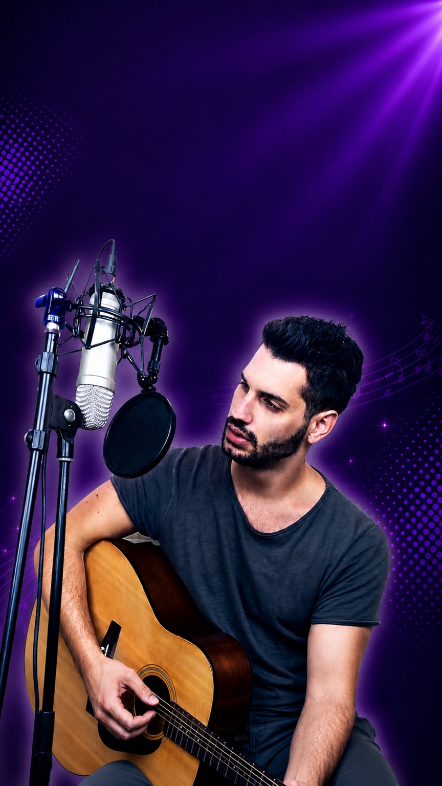 Vocal coach Nicolas R. Ioannou with a studio microphone and guitar